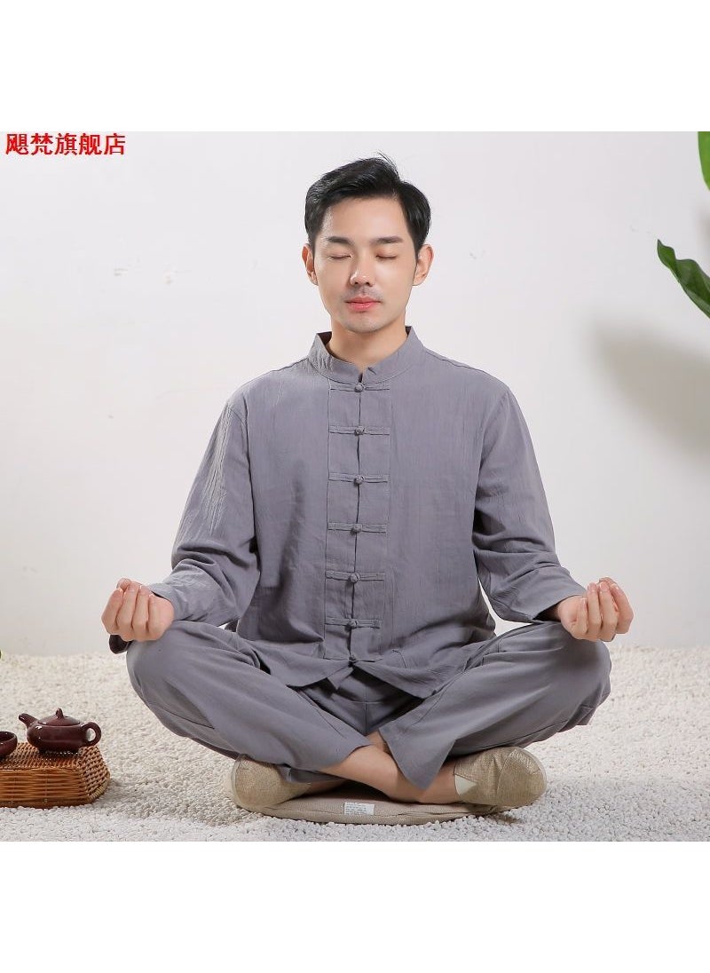 Unisex Cotton Linen Zen Meditation Suit Grey long sleeve // 1 fold processing