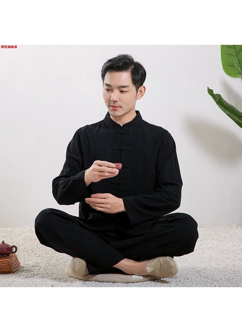 Unisex Cotton Linen Zen Meditation Suit Black long sleeve // 1 fold processing
