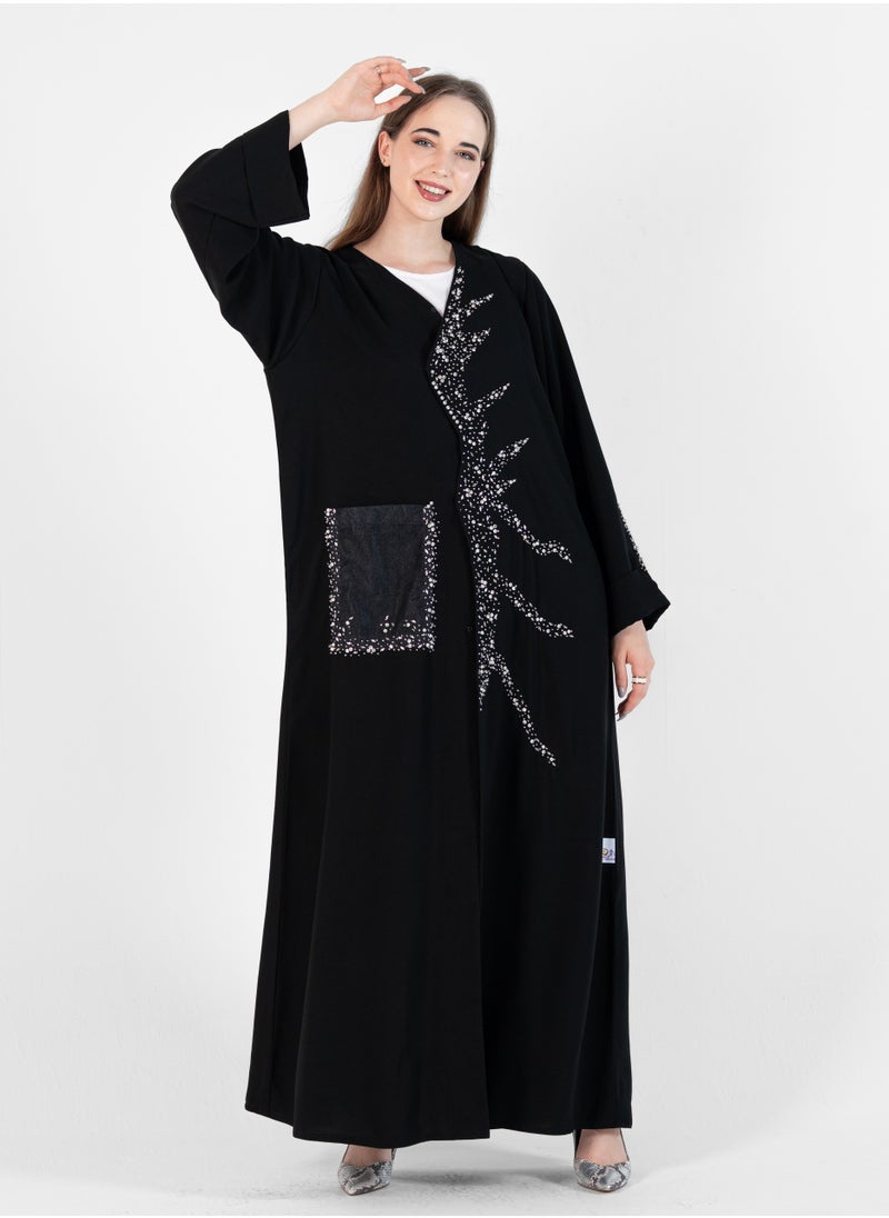 Abaya with wave style and silver hand embroidery + pocket Net Embroidery