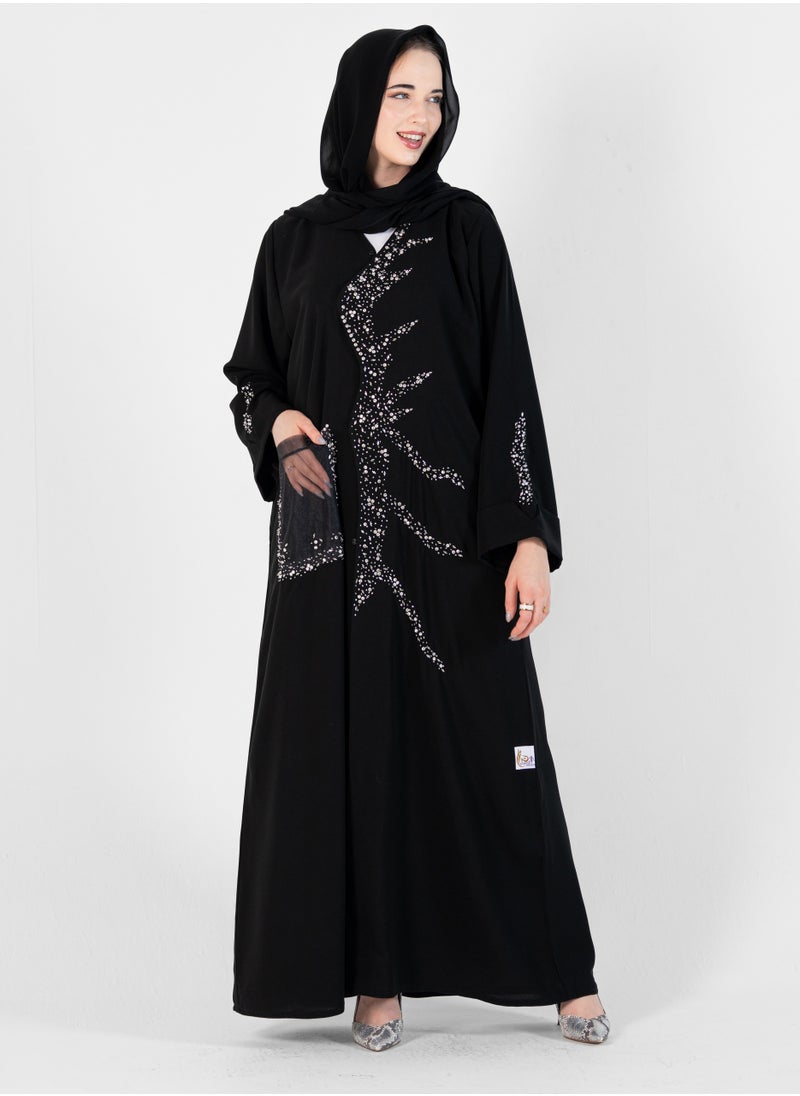 Abaya with wave style and silver hand embroidery + pocket Net Embroidery