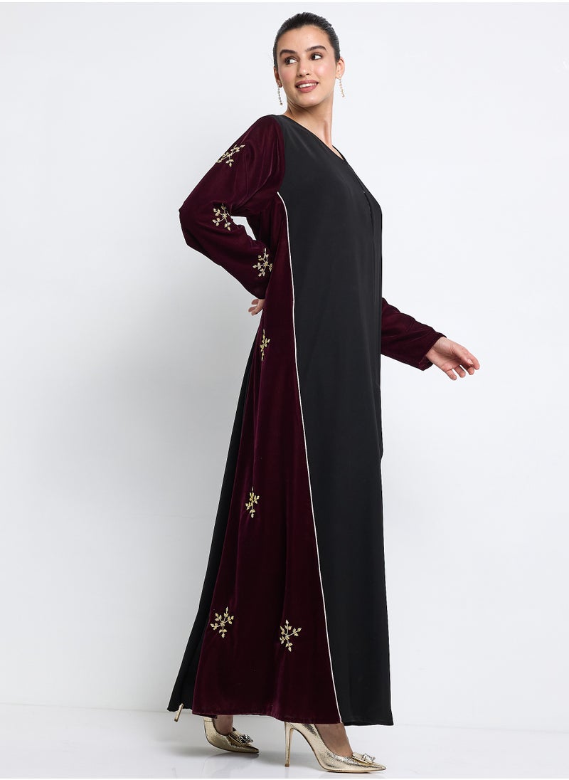 Maroon Velvet Side Abaya with Embroidery & Piping Design + Shella