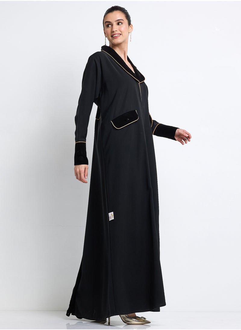 Velvet Blazer Abaya with Button Detailing and Piping Design + Shella