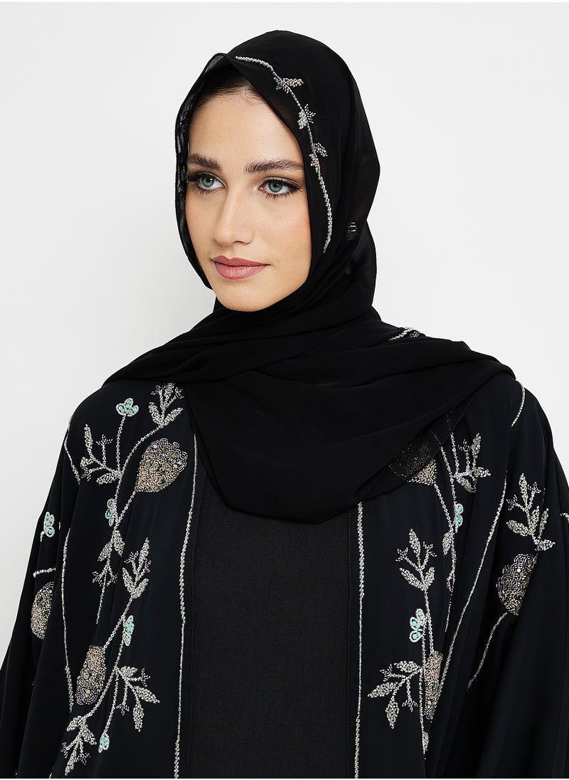 Black Abaya with Hand Embroidery Design + Shella