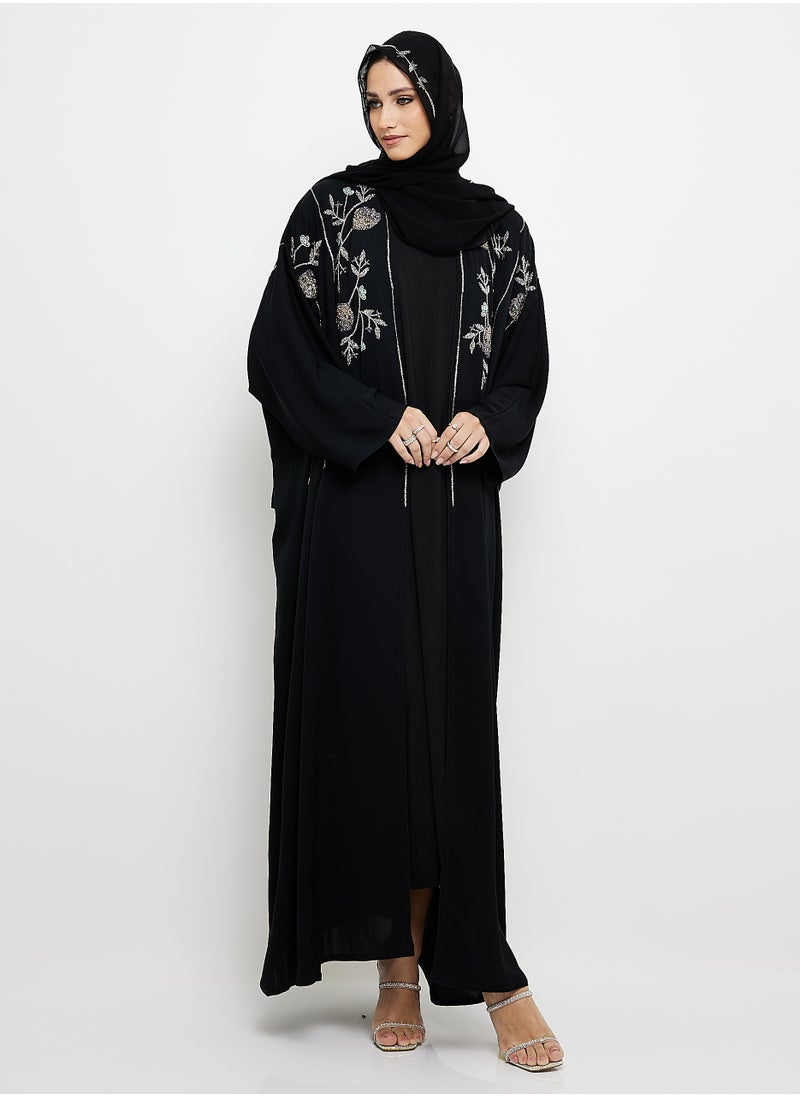 Black Abaya with Hand Embroidery Design + Shella