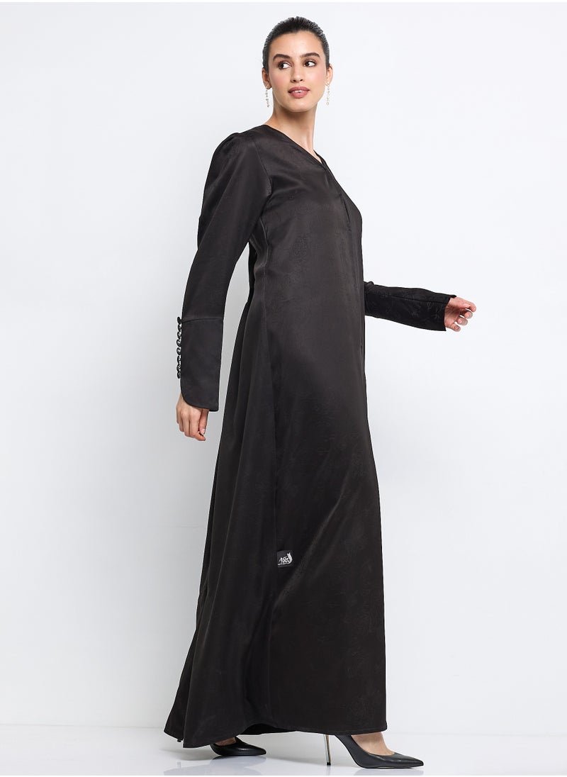 Black Abaya with  Buttoned Sleeve Design + Shella