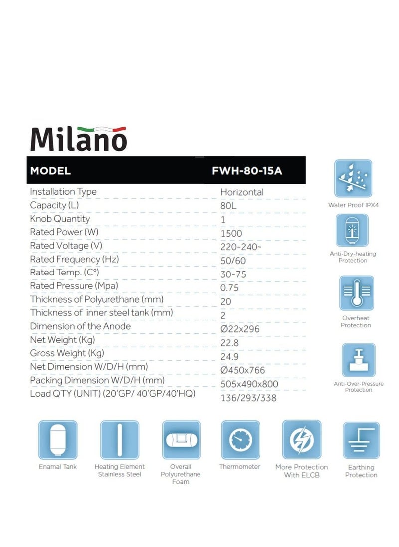 Milano Horizontal Electric Water Heater - 80 L