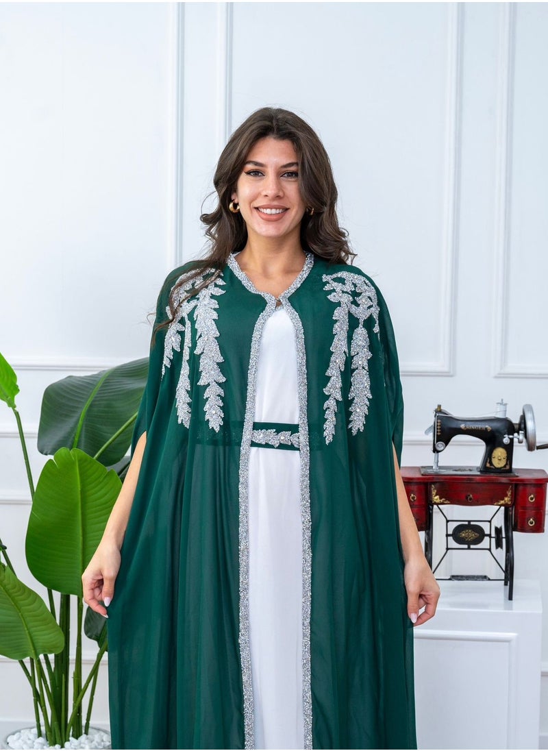 women crepe dark green kaftan dress , ladies jalabiya