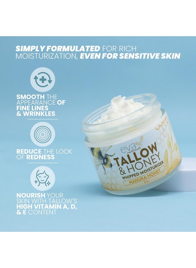 Small Batch, Whipped Beef Tallow Face Moisturizer - 100% Grass Fed & Finished With Manuka Honey, Beef Tallow For Face, Beef Tallow Moisturizer, Beef Tallow Face Cream - 2Oz