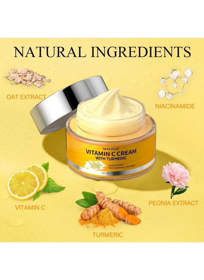 Vitamin C Face Moisturizer, Turmeric Vitamin C Face Cream, Anti-Aging Hydration Skin Firming & Brightening Cream For Dark Spots, Wrinkles, Uneven Skin Tone, Vitamin C Lotion For Instant Glow, 1.76 Oz