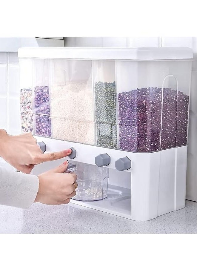 5-compartment grain storage box with measuring cup and grain dispenser, suitable for kitchen, simple and convenient