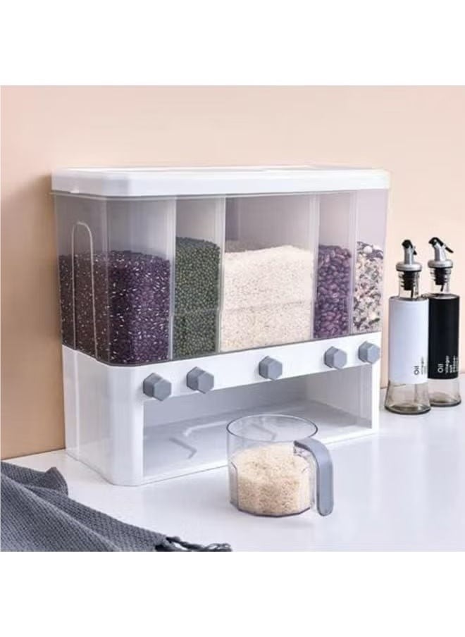 5-compartment grain storage box with measuring cup and grain dispenser, suitable for kitchen, simple and convenient