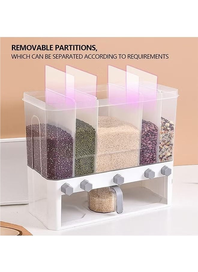 5-compartment grain storage box with measuring cup and grain dispenser, suitable for kitchen, simple and convenient