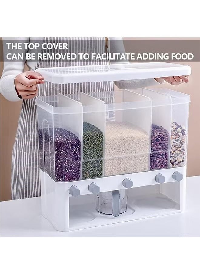 5-compartment grain storage box with measuring cup and grain dispenser, suitable for kitchen, simple and convenient