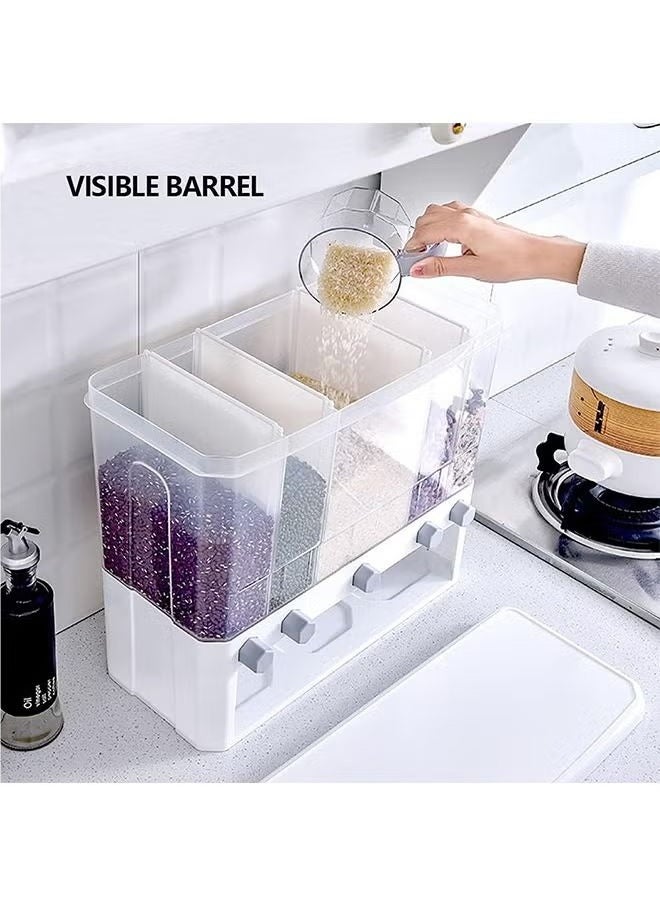 5-compartment grain storage box with measuring cup and grain dispenser, suitable for kitchen, simple and convenient