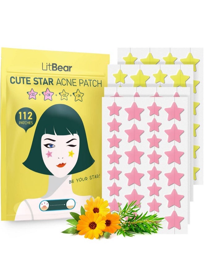 Tch Pimple Patch, Litbear Pink & Yellow Star Shaped Acne Absorbing Cover Patch, Hydrocolloid Acne Patches For Face Zit Patch Acne Dots, Tea Tree Oil & Centella, 112 Patches, 14Mm & 10Mm