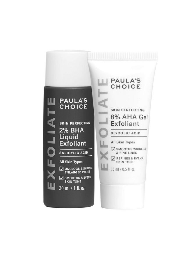 Skin Perfecting 8% Aha Gel & 2% Bha Liquid Travel Duo, Facial Exfoliants For Blackheads, Large Pores, Wrinkles & Fine Lines, Face Exfoliators W/Glycolic & Salicylic Acid - Travel Size