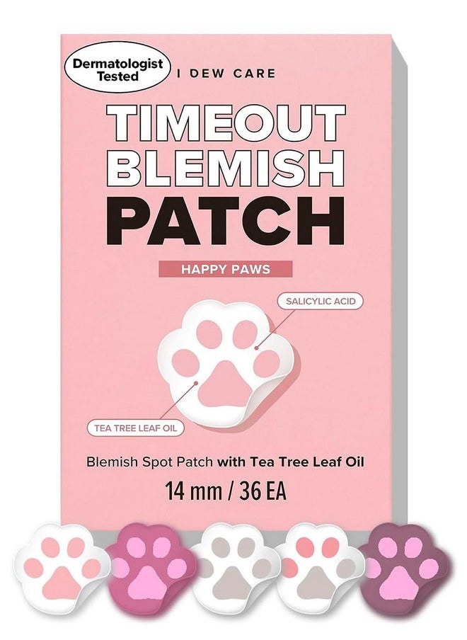 Hydrocolloid Acne Pimple Patch - Timeout Blemish Happy Paws | Korean Cute Acne Patches | Zit Patches For Face And Skin, 36 Count (14Mm), Facial Stickers, Absorbing With Tea Tree Leaf Oil