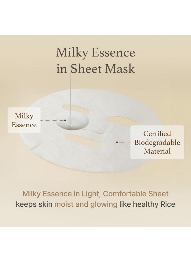 Rice Sheet Mask Pack Of 5, 60% Korean Rice Face Mask, Creamy Hydration For Dry, Combination Skin, Moist, Milky Essence, Biodegradable, Vegan, Hypoallergenic, 20Ml