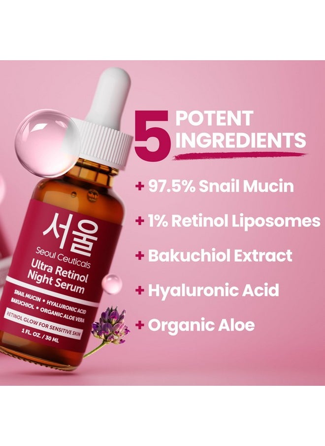 1% Korean Retinol Night Serum For Face - 97.5% Snail Mucin + Hyaluronic Acid + Bakuchiol, Cruelty Free K Beauty For Sensitive Skin 1Oz