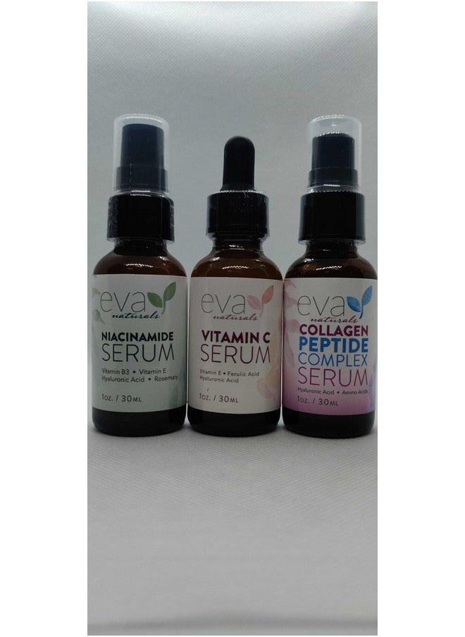 & Glow Skincare Set Of 3 Serums - Skin Care Products With 20% Vitamin C Serum, Peptide Complex Serum, Niacinamide Vitamin B3 Serum - Peptides Serum For Face - Face Serum By Eva Naturals