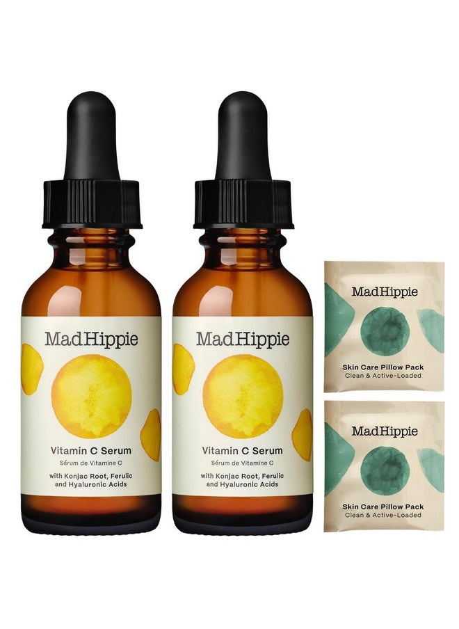 Vitamin C Serum 2-Pack - Brightening Serum With Hyaluronic Acid, Ferulic Acid, Vitamin E, 1.02 Oz Ea + Varying Pillow Packs