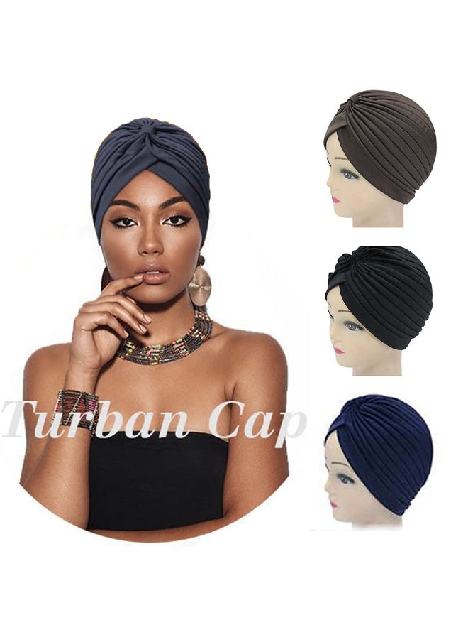 3 Pieces Turbans for Women Soft Turban Head Wrap Pleated Beanie Cap