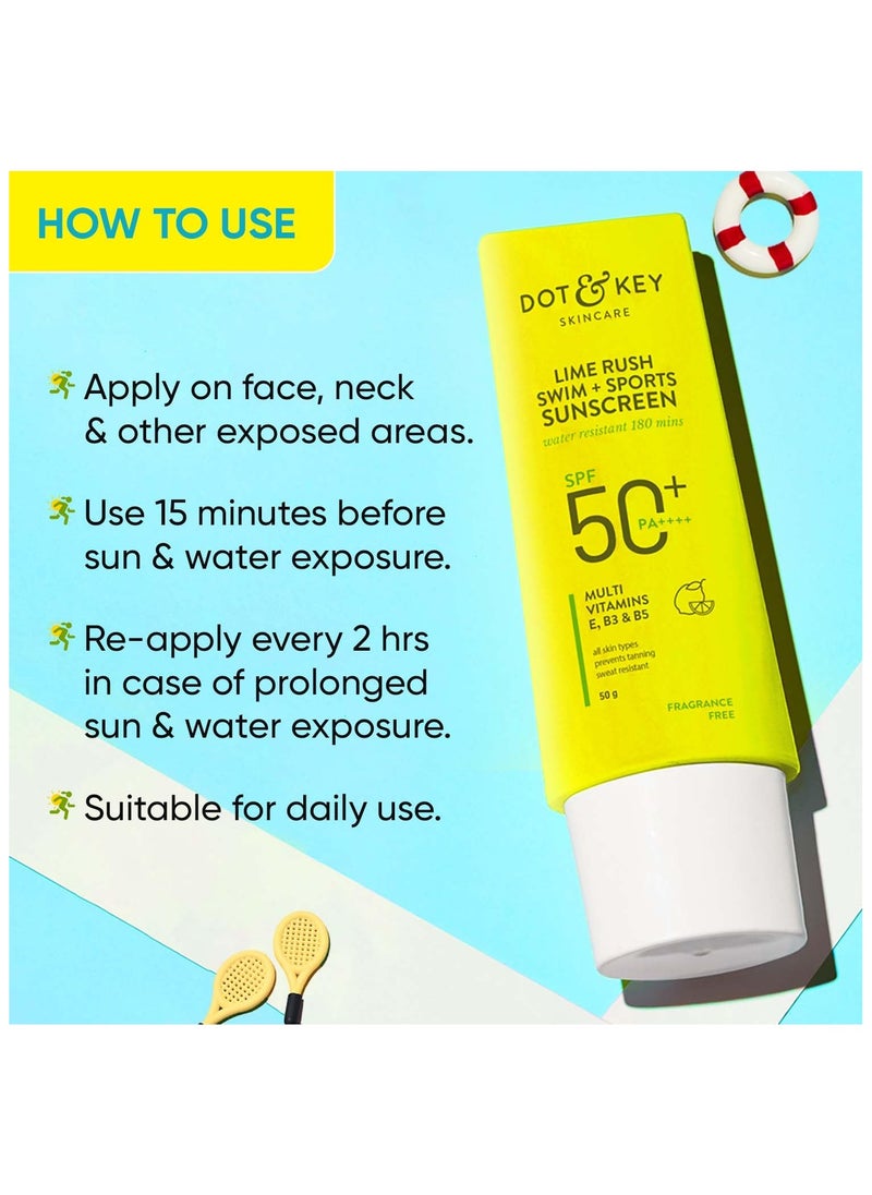 Lime Rush Swim + Sports Sunscreen SPF 50 PA++++ | Water Resistant & Sweat Resistant Sunscreen | UV/UVA Protect | No White Cast | Prevents Tan | For All Skin Types | For Women & Men