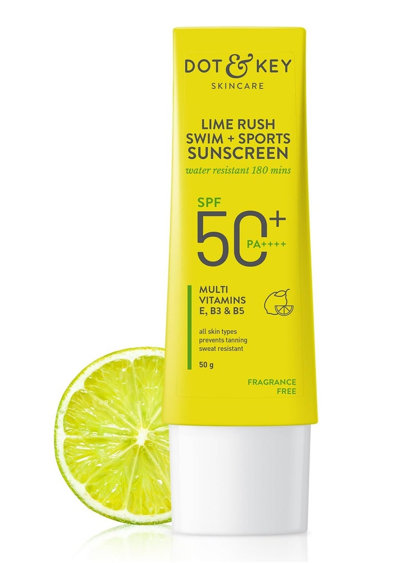 Lime Rush Swim + Sports Sunscreen SPF 50 PA++++ | Water Resistant & Sweat Resistant Sunscreen | UV/UVA Protect | No White Cast | Prevents Tan | For All Skin Types | For Women & Men