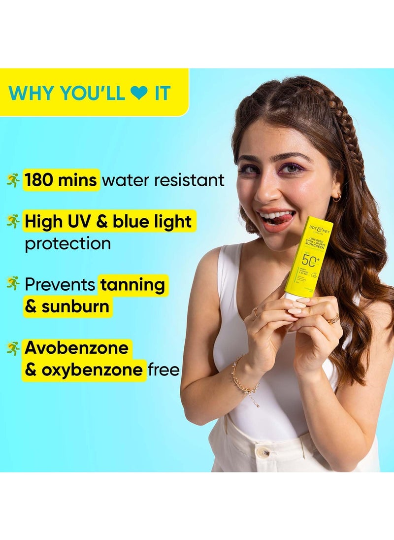 Lime Rush Swim + Sports Sunscreen SPF 50 PA++++ | Water Resistant & Sweat Resistant Sunscreen | UV/UVA Protect | No White Cast | Prevents Tan | For All Skin Types | For Women & Men