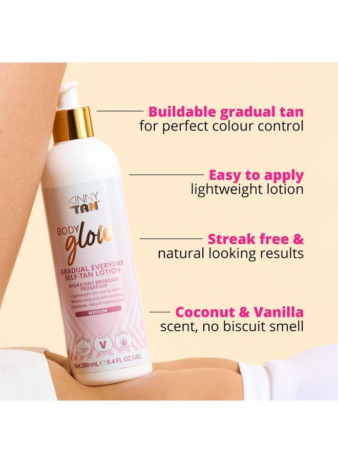 Body Glow Gradual Tan Lotion - Lightweight, Fast-Absorbing Formula - Coconut And Vanilla Scent - Enriched With Aloe Vera And Guarana - Natural, Streak Free Gold Color - Medium - 9.4 Oz