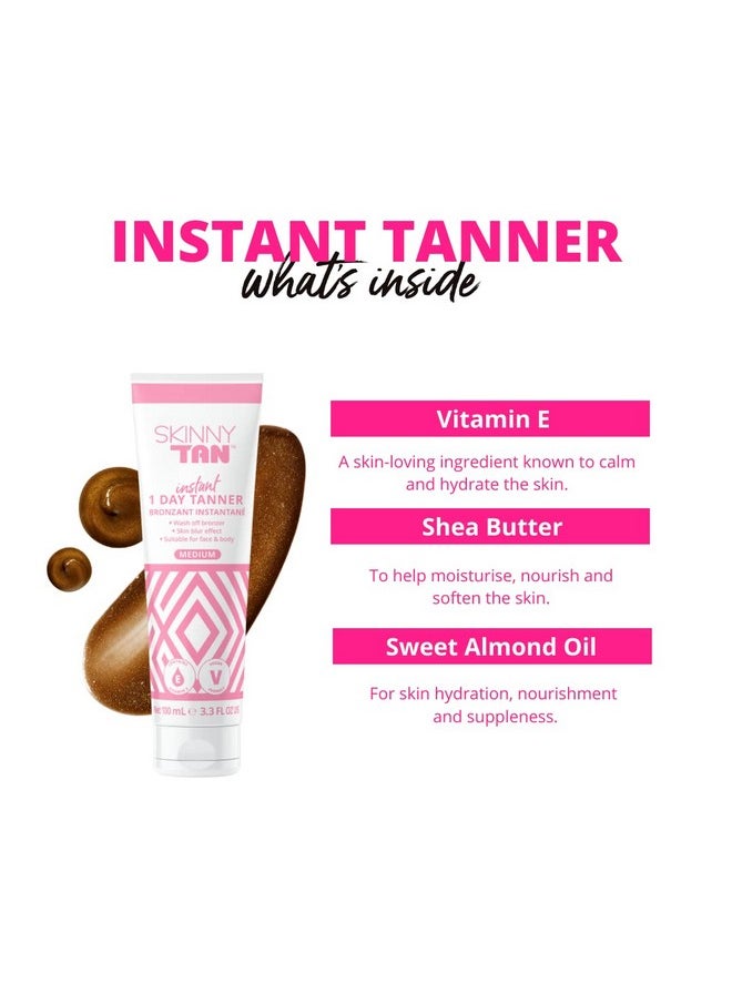 Skinnytan 1 Day Instant Tanner - Self Tanning Lotion For Face And Body - Skin-Perfecting Coverage With Delicious Scent - Easy Rinse - Medium - 3.3 Oz