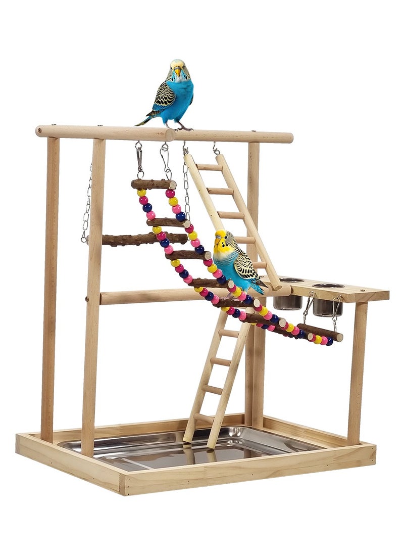 Wooden bird stand, Interactive bird play stand with Swinging perch, Feeding cups, Climbing ladders, Removable tray, and Anti-slip bottom, Ideal for small to medium-sized birds 54 cm (Beige)