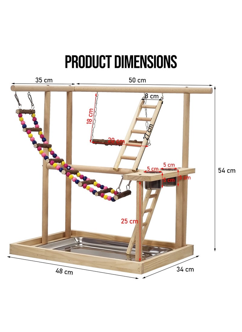 Wooden bird stand, Interactive bird play stand with Swinging perch, Feeding cups, Climbing ladders, Removable tray, and Anti-slip bottom, Ideal for small to medium-sized birds 54 cm (Beige)