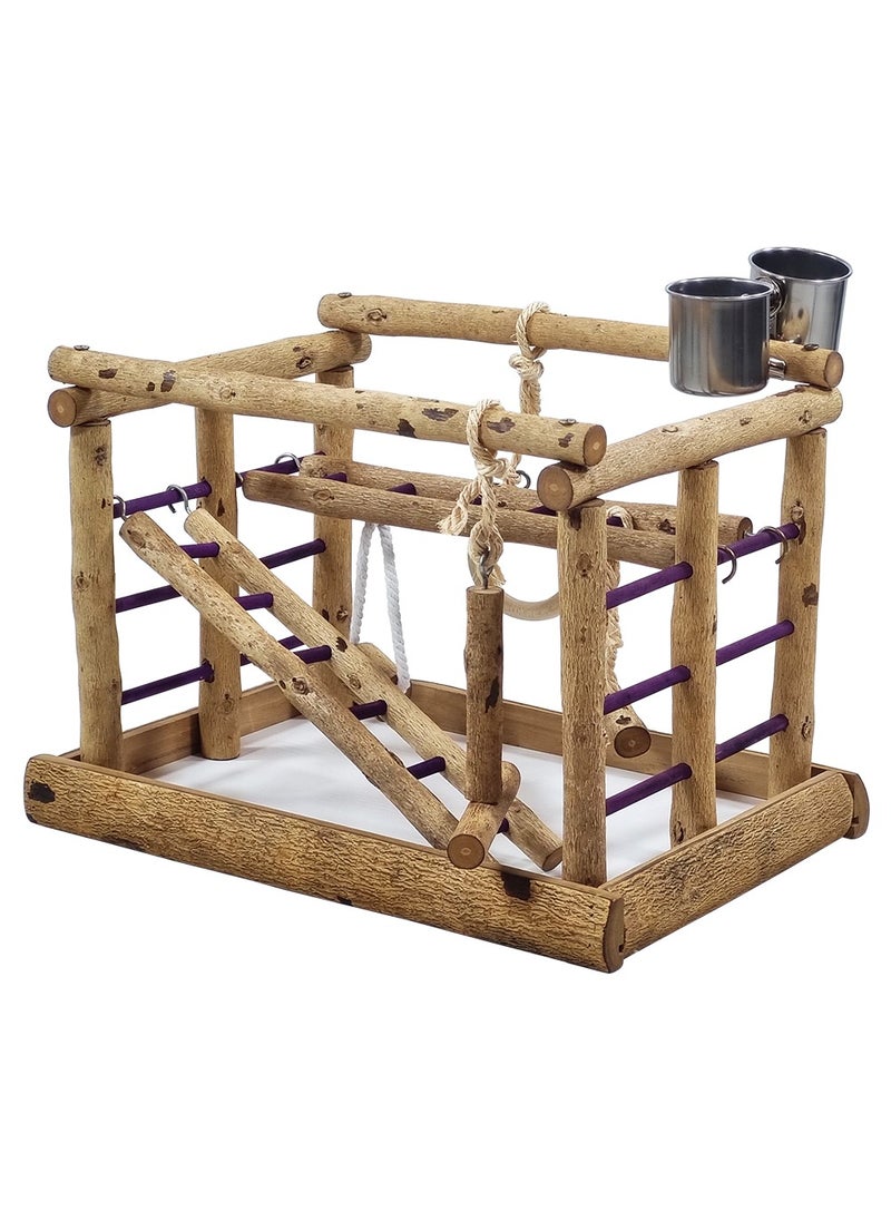 Natural wood bird activity center with Feeding cups, Swings, and Ladders, Perfect for Cockatiels, Parrots, and Lovebirds, 36cm Bird Playground for Small to Medium birds (Beige)