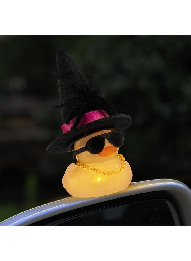 Halloween Glowing Rubber Duck With Light, Transparent Rubber Ducks With Black Spider Sunglasses Pearl Cosplay Hat Cloak, Gold Chain-Yellow Light