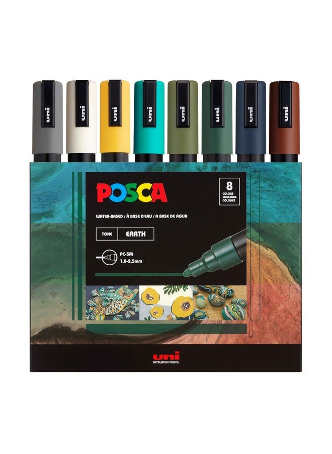 Markers Set, 8 Medium Paint Markers 5M - Earth Tones - Grey, Ivory, Ochre, Emerald Green, Khaki Green, English Green, Navy Blue, Brown
