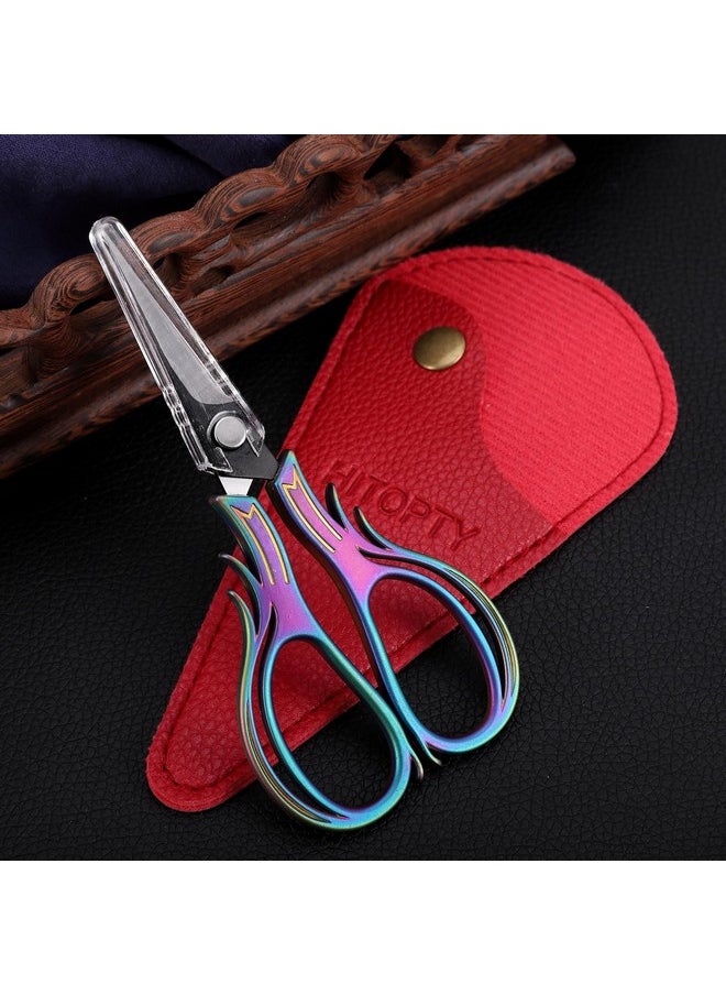 Embroidery Scissors Knitting Scissor Small Crafting Shears With Leather Case Little Scissors Cover For Sewing Threading Needlework Diy Tool 4.2In Rainbow