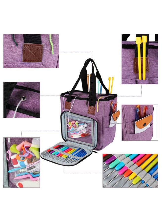 Yarn Bag Knitting Tote Bag, Portable Yarn Tote Organizer Sewing Basket For Crochet Hook Set, Knitting Needles, Crocheting Project, Skein And Sewing Supplies - No Accessories(Elegant Purple)