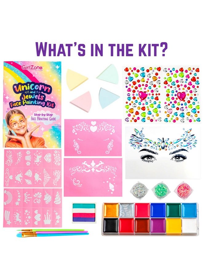 Unicorn And Jewels Face Painting Kit, Fun Face Paint Set With Face Gems, Brushes, Face Paint Stencils & A Lookbook, Great Gift Idea And Halloween Toys For Kids