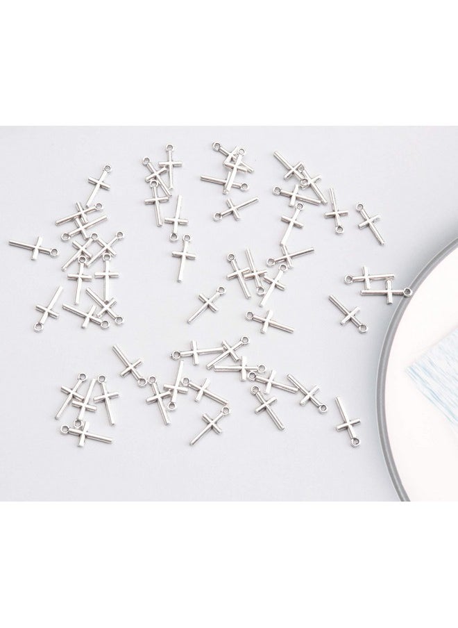 50 Pcs Cross Charm Pendant Religious Metal Antique Silver Vintage Mini Bead Finding For Jewelry Making Accessories Earring Bracelet Necklace Keychain Diy Project (Silver)