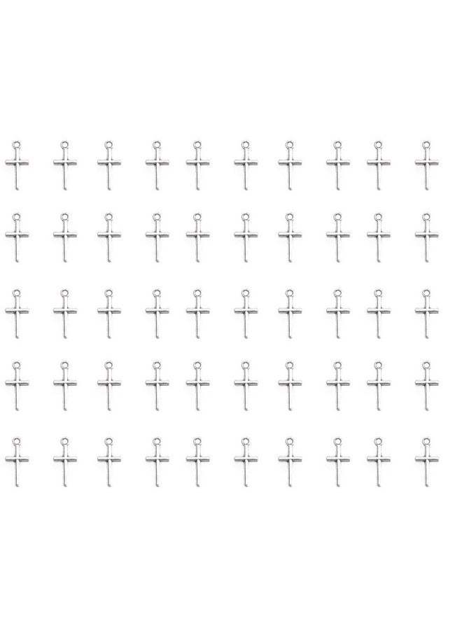 50 Pcs Cross Charm Pendant Religious Metal Antique Silver Vintage Mini Bead Finding For Jewelry Making Accessories Earring Bracelet Necklace Keychain Diy Project (Silver)