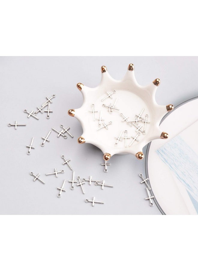 50 Pcs Cross Charm Pendant Religious Metal Antique Silver Vintage Mini Bead Finding For Jewelry Making Accessories Earring Bracelet Necklace Keychain Diy Project (Silver)