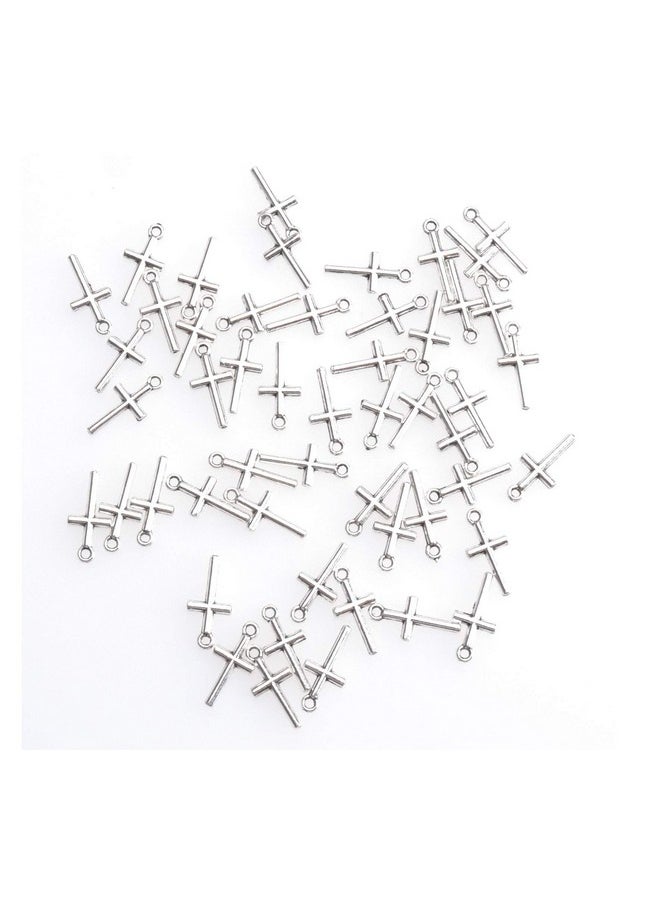 50 Pcs Cross Charm Pendant Religious Metal Antique Silver Vintage Mini Bead Finding For Jewelry Making Accessories Earring Bracelet Necklace Keychain Diy Project (Silver)