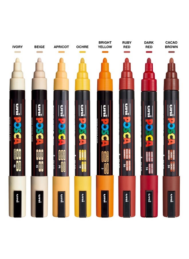 Markers Set, 8 Medium Paint Markers 5M - Warm Tones - Ivory, Beige, Apricot, Ochre, Bright Yellow, Ruby Red, Dark Red, Cacao Brown