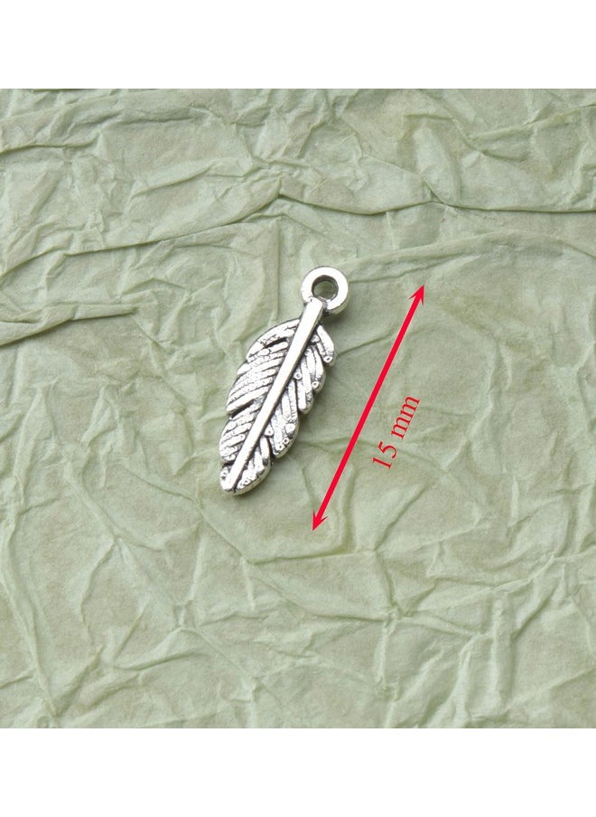 50 Pcs Feather Charms Small Alloy 1.5 X 0.5 Cm Cute Vintage Pendants Accessories For Jewelry Making Necklace Bracelet Diy Finding Kits Earring Crafting Scrapbooking (Silver)
