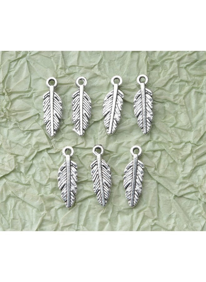 50 Pcs Feather Charms Small Alloy 1.5 X 0.5 Cm Cute Vintage Pendants Accessories For Jewelry Making Necklace Bracelet Diy Finding Kits Earring Crafting Scrapbooking (Silver)