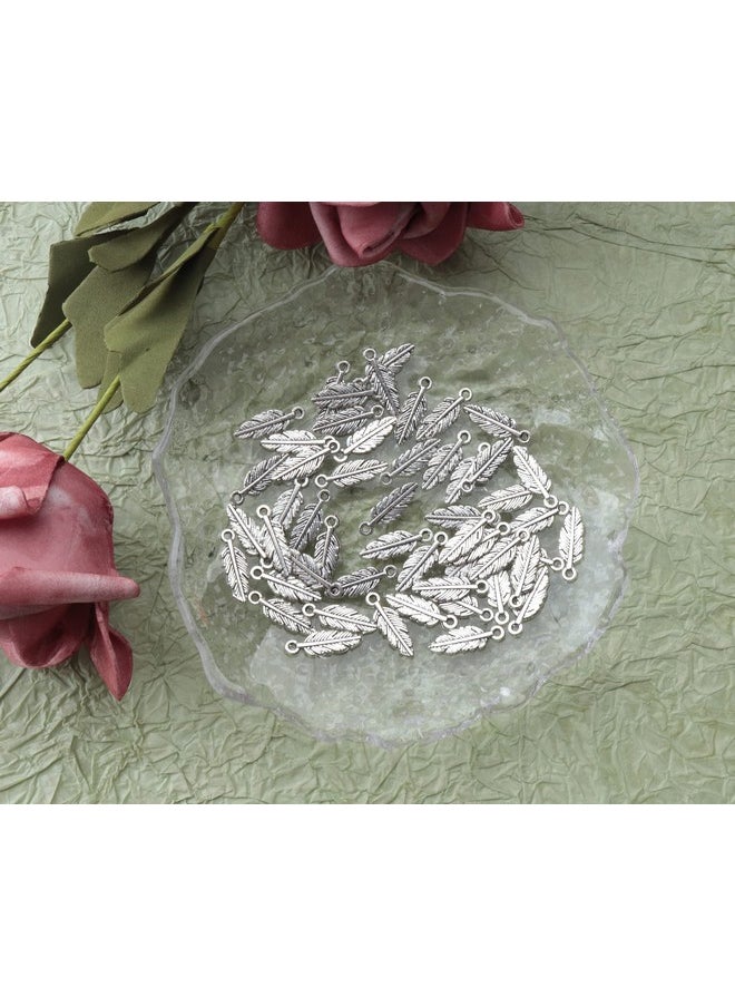 50 Pcs Feather Charms Small Alloy 1.5 X 0.5 Cm Cute Vintage Pendants Accessories For Jewelry Making Necklace Bracelet Diy Finding Kits Earring Crafting Scrapbooking (Silver)