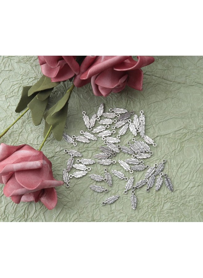 50 Pcs Feather Charms Small Alloy 1.5 X 0.5 Cm Cute Vintage Pendants Accessories For Jewelry Making Necklace Bracelet Diy Finding Kits Earring Crafting Scrapbooking (Silver)