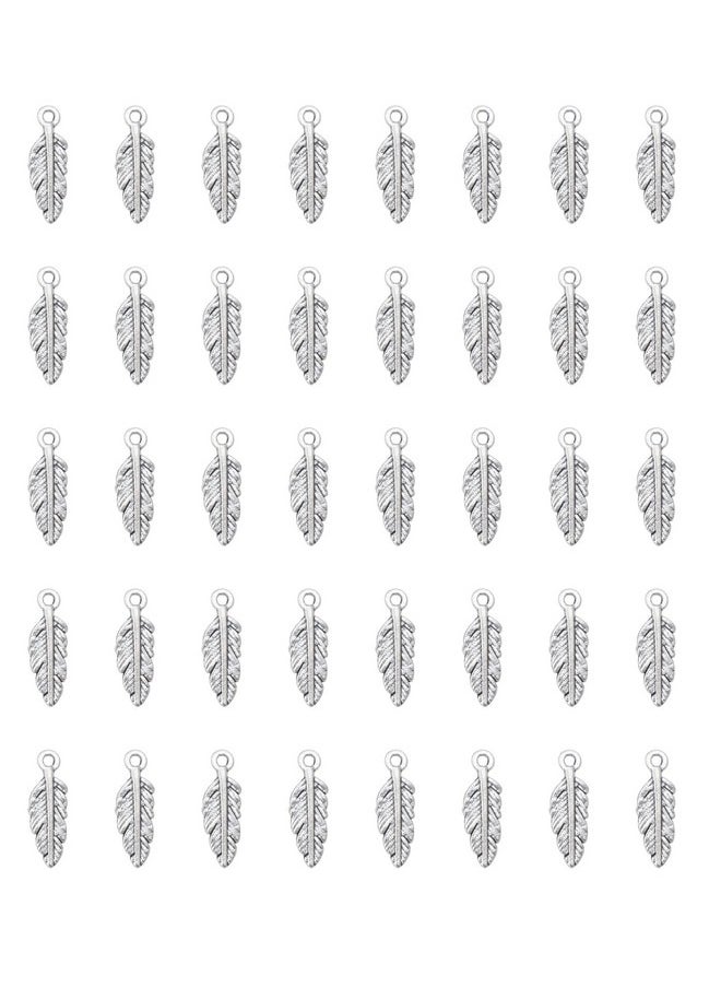 50 Pcs Feather Charms Small Alloy 1.5 X 0.5 Cm Cute Vintage Pendants Accessories For Jewelry Making Necklace Bracelet Diy Finding Kits Earring Crafting Scrapbooking (Silver)