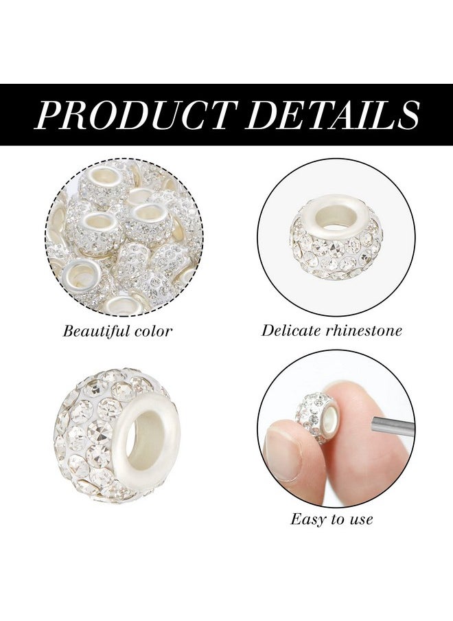 50 Pcs Rhinestone European Beads Large Hole Rondelle Spacer Beads Diamond Crystal Charm Shiny White Beads For Diy Crafts Bracelet Snake Chain Necklace Jewelry Making Accessories 12Mm, With Box